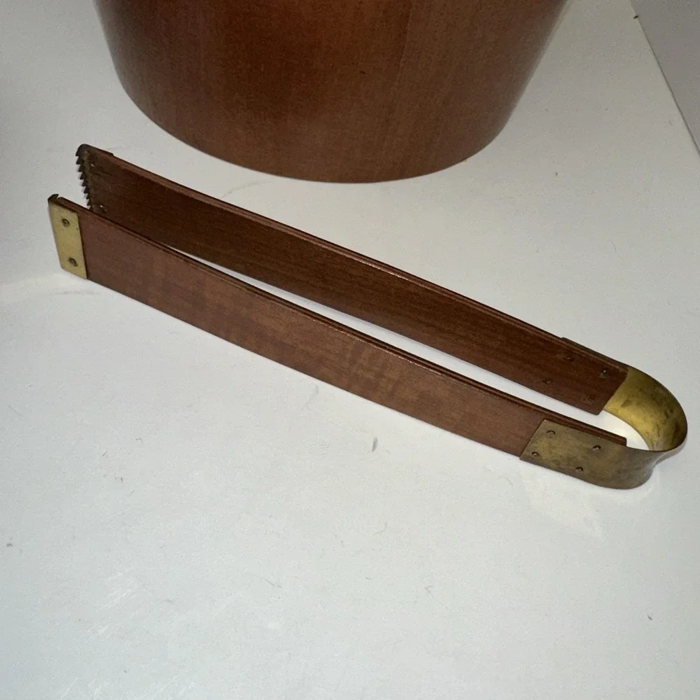 Vintage Wood Ice Bucket W/ Tongs Brass Handles Mid Century 11